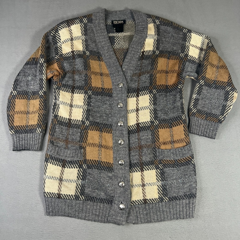 Vintage Escada  Margaretha Ley Sweater Women 40 Gray Cardigan Plaid Button‎ Up